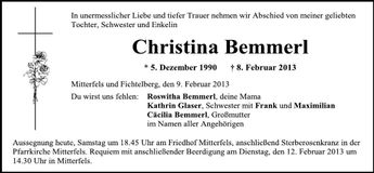 Traueranzeige Christina Bemmerl