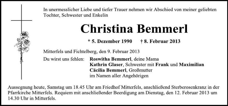 Traueranzeige Christina Bemmerl