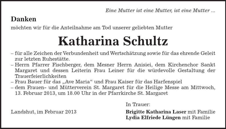 Traueranzeige Katharina Schultz