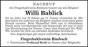 Traueranzeige Willi Bablick