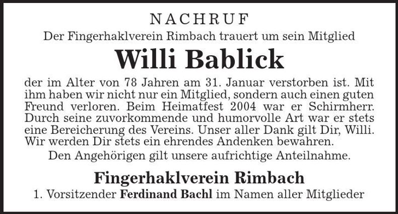 Traueranzeige Willi Bablick