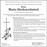 Traueranzeige Maria Hackenschmied