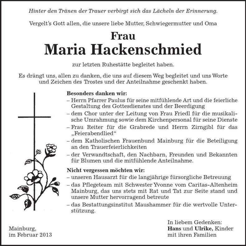 Traueranzeige Maria Hackenschmied