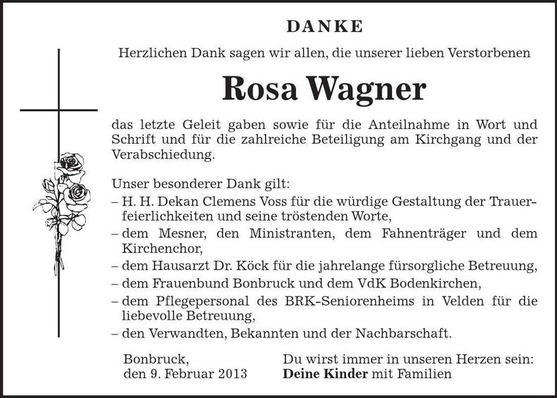 Traueranzeige Rosa Wagner