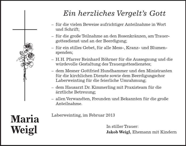 Traueranzeige Maria Weigl
