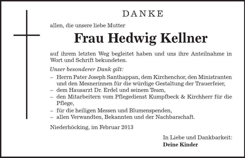 Traueranzeige Hedwig Kellner