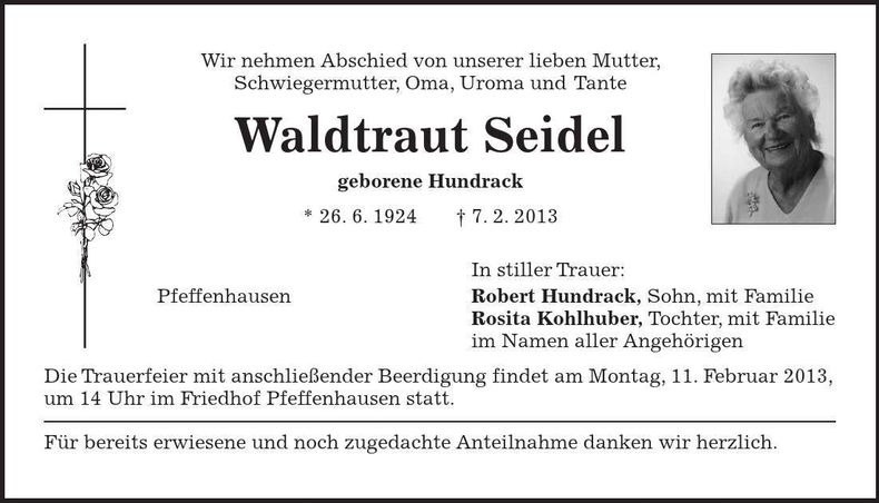 Traueranzeige Waldtraut Seidel