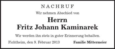 Traueranzeige Fritz Johann Kaminarek