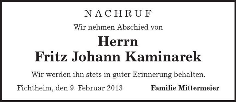 Traueranzeige Fritz Johann Kaminarek