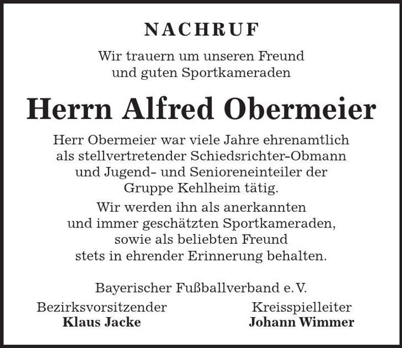 Traueranzeige Alfred Obermeier