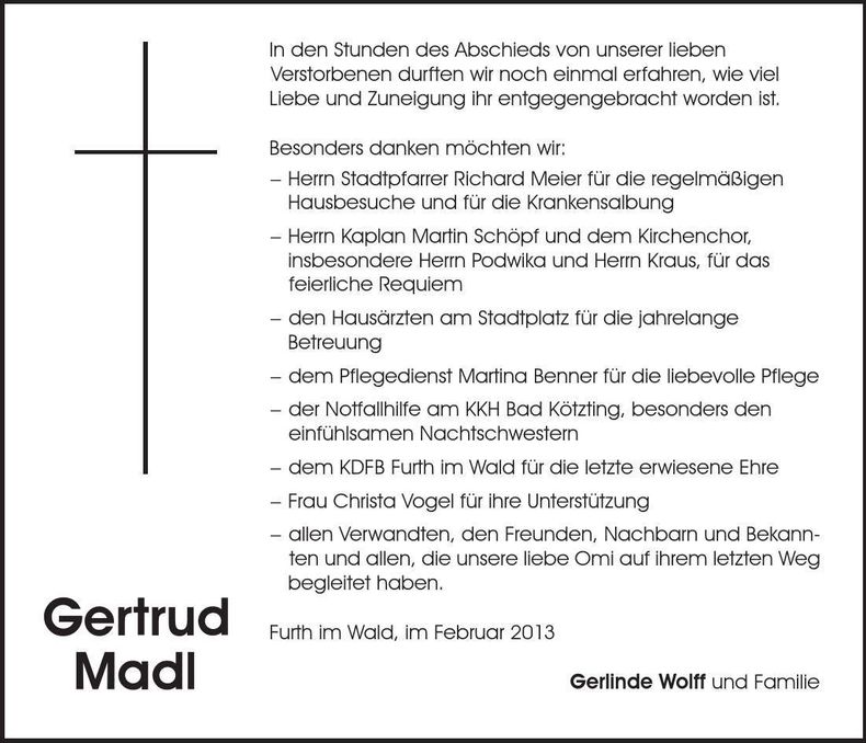Traueranzeige Gertrud Madl