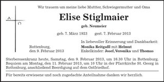 Traueranzeige Elise Stiglmaier