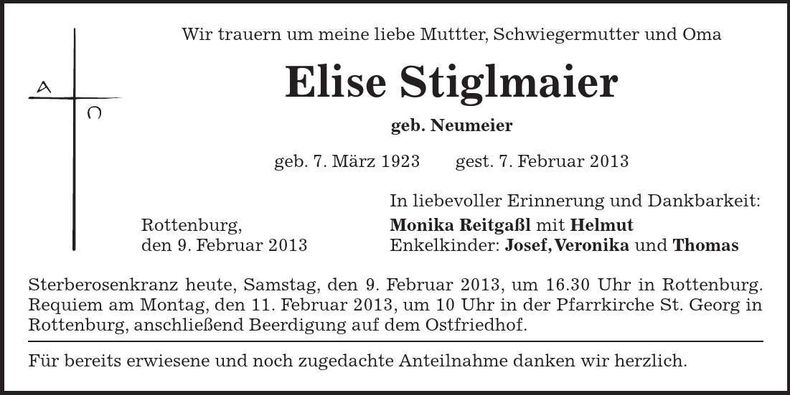 Traueranzeige Elise Stiglmaier
