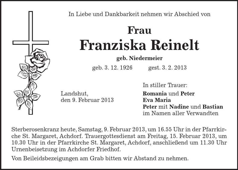 Traueranzeige Franziska Reinelt