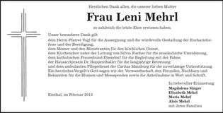 Traueranzeige Leni Mehrl