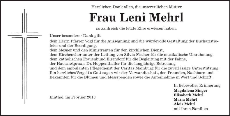 Traueranzeige Leni Mehrl