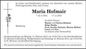Traueranzeige Maria Hofmair