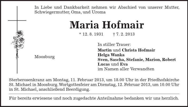 Traueranzeige Maria Hofmair