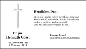 Traueranzeige Helmuth Gössl