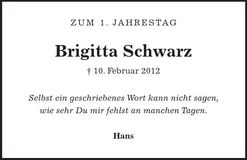 Traueranzeige Brigitta Schwarz