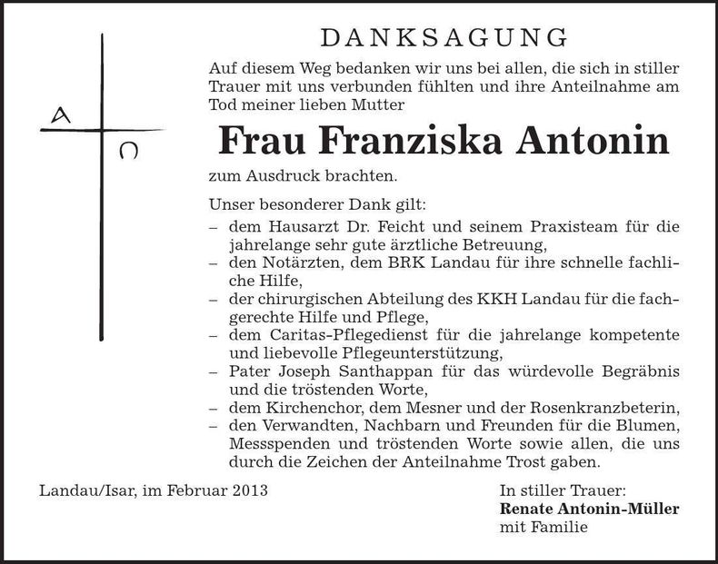 Traueranzeige Franziska Antonin