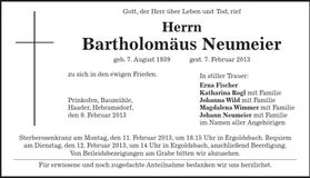 Traueranzeige Bartholomäus Neumeier