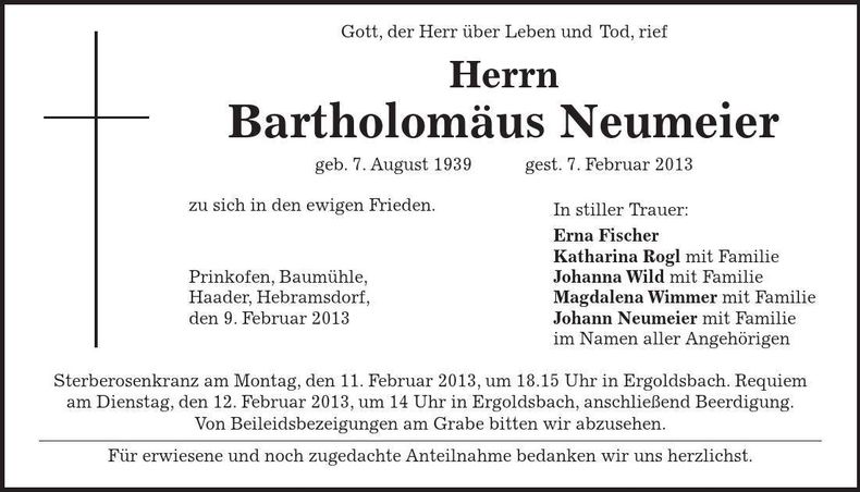 Traueranzeige Bartholomäus Neumeier