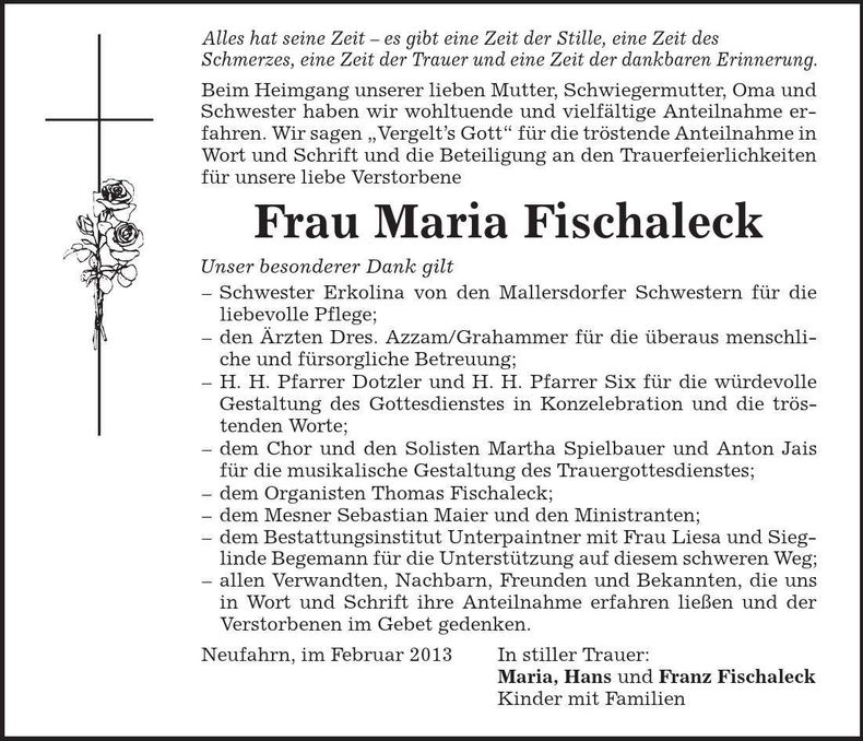 Traueranzeige Maria Fischaleck
