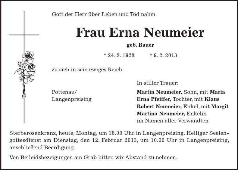 Traueranzeige Erna Neumeier