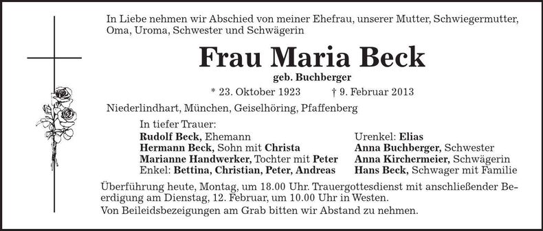 Traueranzeige Maria Beck