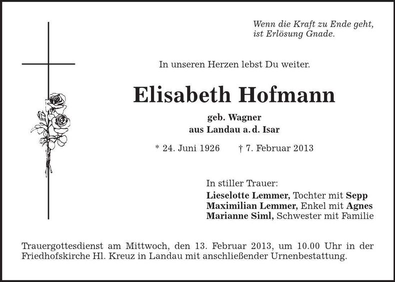 Traueranzeige Elisabeth Hofmann