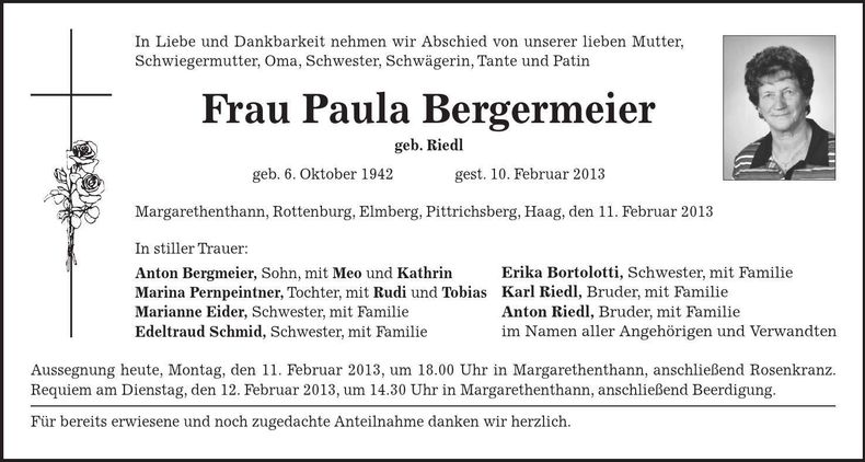 Traueranzeige Paula Bergermeier