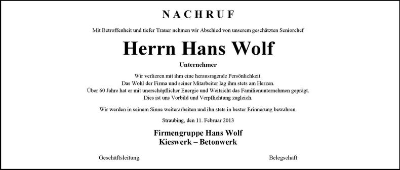 Traueranzeige Hans Wolf
