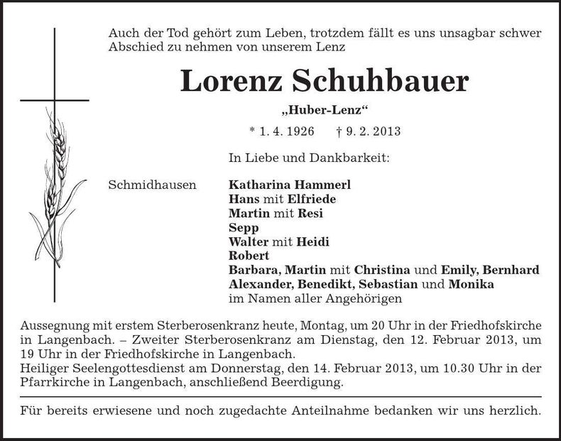 Traueranzeige Lorenz Schuhbauer