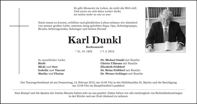 Traueranzeige Karl Dunkl