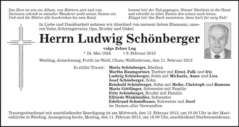 Traueranzeige Ludwig Schönberger