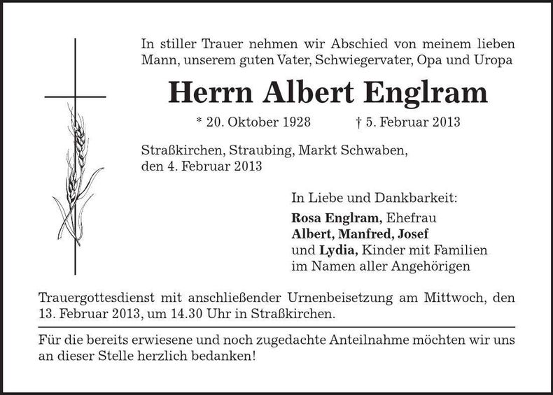 Traueranzeige Albert Englram