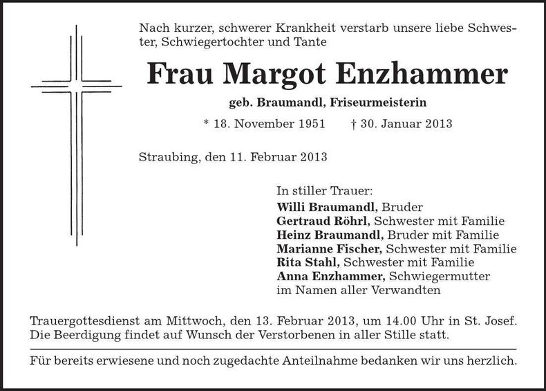 Traueranzeige Margot Enzhammer