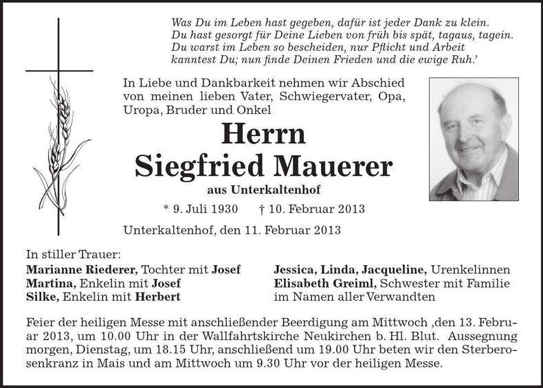 Traueranzeige Siegfried Mauerer