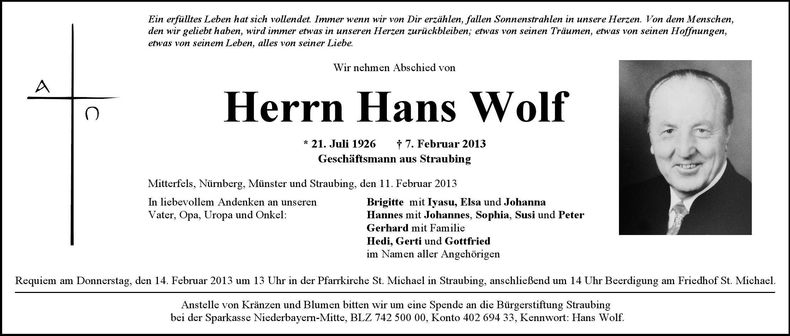Traueranzeige Hans Wolf