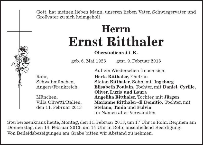 Traueranzeige Ernst Ritthaler