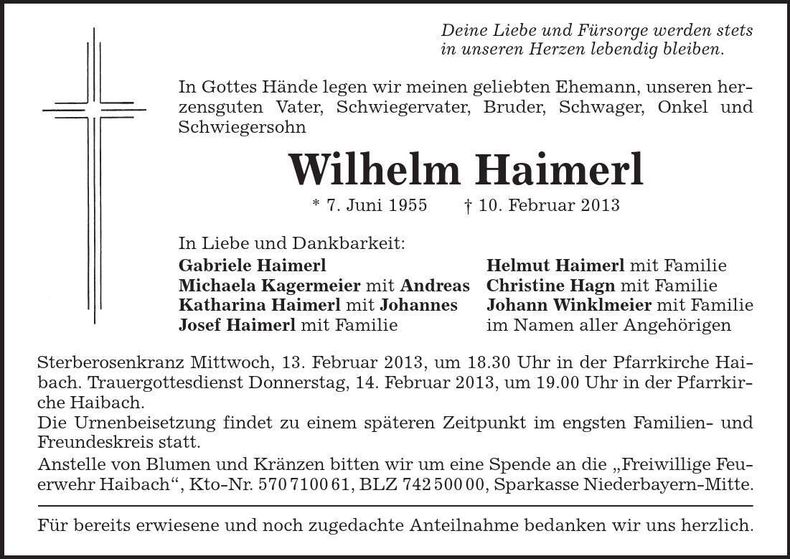 Traueranzeige Wilhelm Haimerl