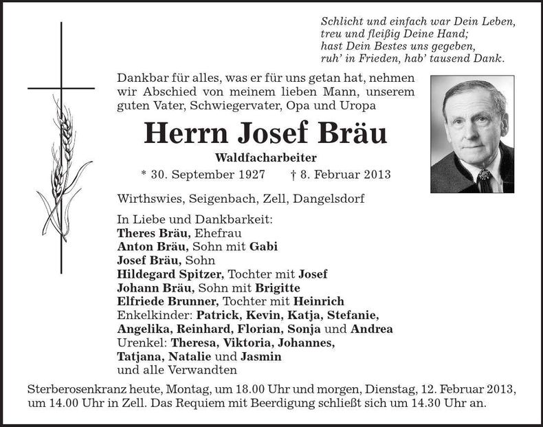Traueranzeige Josef Bräu