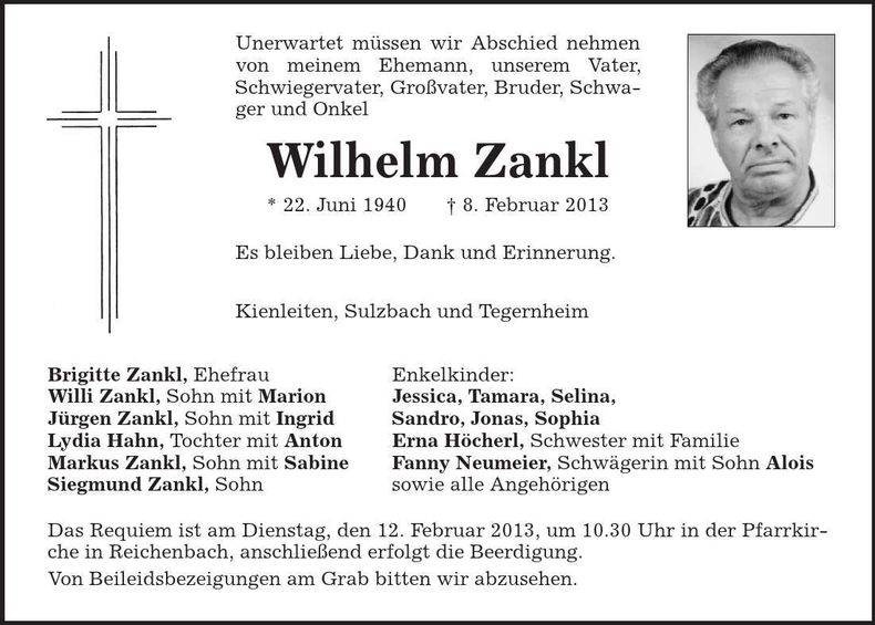 Traueranzeige Wilhelm Zankl
