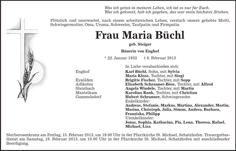 Traueranzeige Maria Büchl