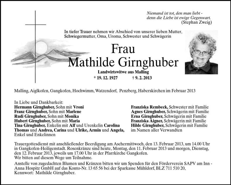 Traueranzeige Mathilde Girnghuber