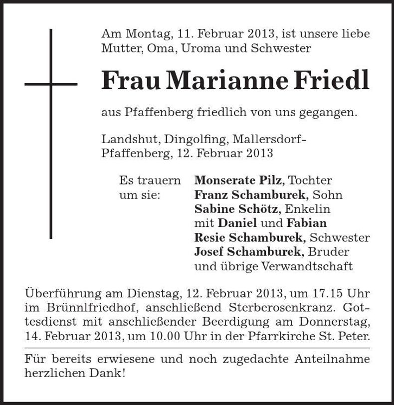 Traueranzeige Marianne Friedl