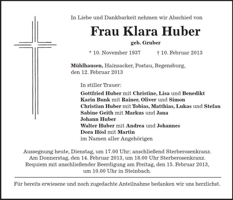 Traueranzeige Klara Huber