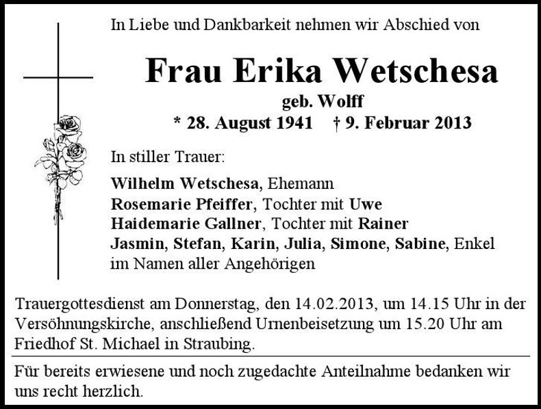 Traueranzeige Erika Wetschesa