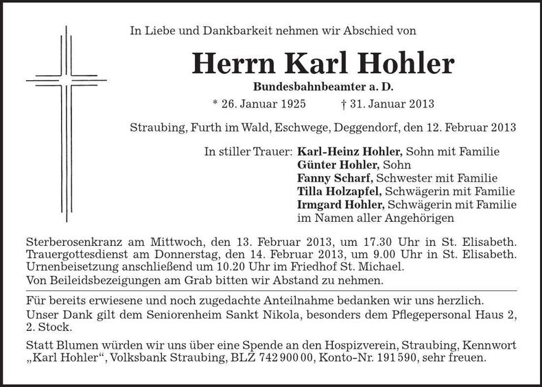Traueranzeige Karl Hohler